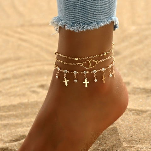 Bohemian 18K Vergoldet Mehrlagig Fußkettchen Set Für Damen Herz Kreuz Böses Auge Seestern Strand Schmuck Fußkette