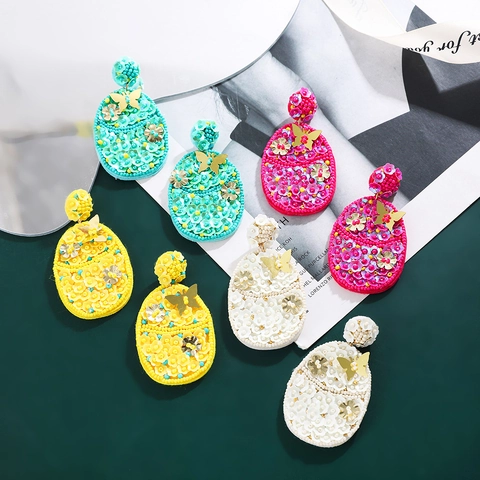 Bohemian Easter Egg Beaded Drop Earrings For Women Handmade Glass Seed Beads Sequin Butterfly Flower Statement Dangle Jewelry