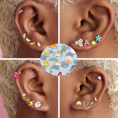 Y2K Colorful Enamel Stud Earrings Alloy Rhinestone Butterfly Smiley Star Letter Pattern Fashion Jewelry For Women Girls Daily