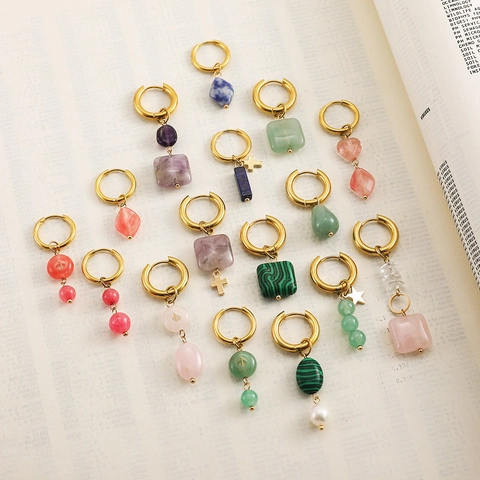 Asymmetric Geometric Natural Stone Hoop Earrings For Women 18K Gold Plated Stainless Steel Earring Post Bohemian Ethnic Jewelry