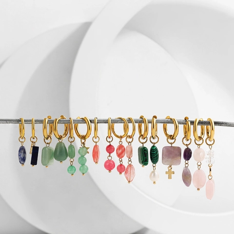 Asymmetric Geometric Natural Stone Hoop Earrings For Women 18K Gold Plated Stainless Steel Earring Post Bohemian Ethnic Jewelry