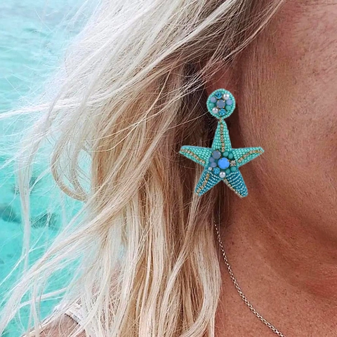 Boucles d'Oreilles Pendantes en Perles de Rocaille Faites à la Main Bohême pour Femmes Animaux Marins Étoile de Mer Tortue Strass Perle Artificielle Bijoux de Plage Été