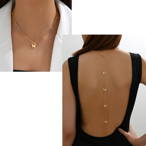 Collar de Espalda de Mariposa Chapado en Oro de 14K Cadena Larga Aleación Strass Perla Artificial Cadena de Cuerpo Geométrica Joyería Mujer