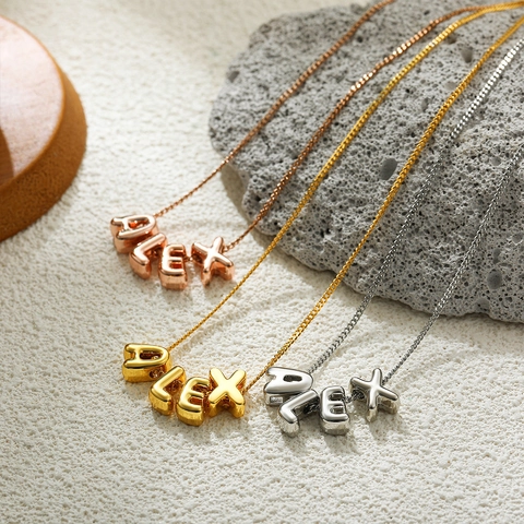 Stainless Steel Puffy 3D Letter Necklace Gold Silver Initial Pendant Choker Necklace Copper Zirconia DIY Jewelry For Women