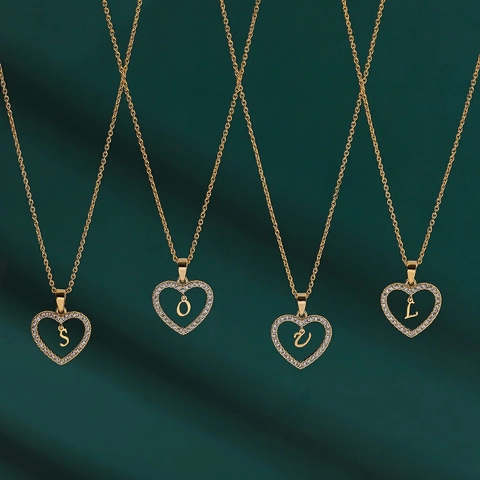 Hollow Heart Initial Letter Pendant Necklace Copper Zirconia Inlaid Gold Plated Simple Fashion Jewelry For Women Gift