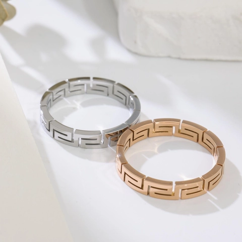 Stainless Steel Greek Key Hollow Ring For Women Minimalist Rose Gold Silver Geometric Meander Band Finger Ring Jewelry Gift