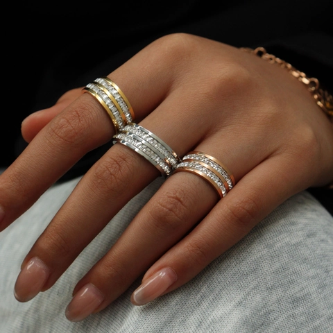Niche Design Stainless Steel Double Row Pave Rhinestone Ring For Women Unisex Fashion Starry Sky Geometric Geometric Jewelry