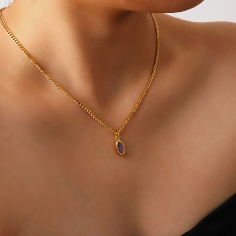 Titanium Steel Marquise Zircon Pendant Necklace Gold Plated Curb Chain Light Luxury Jewelry For Women Colorful Stone