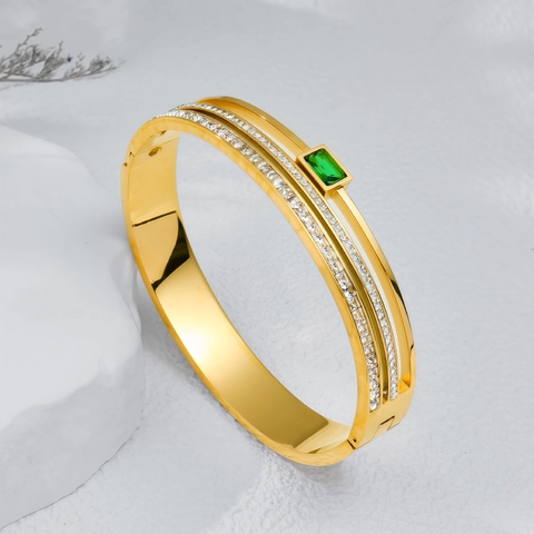 Luxury Stainless Steel Rectangular Green Emerald Stone Bracelet Gold Silver Plated Rhinestone Inlaid Cuff Bangle For Women