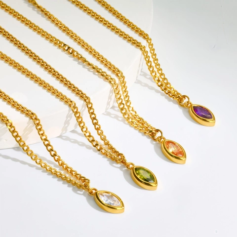 Titanium Steel Marquise Zircon Pendant Necklace Gold Plated Curb Chain Light Luxury Jewelry For Women Colorful Stone