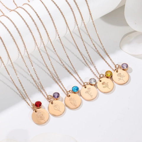 Stainless Steel Birth Flower Necklace Rose Gold Personalized Pendant Rhinestone Birthstone Jewelry Gift For Women