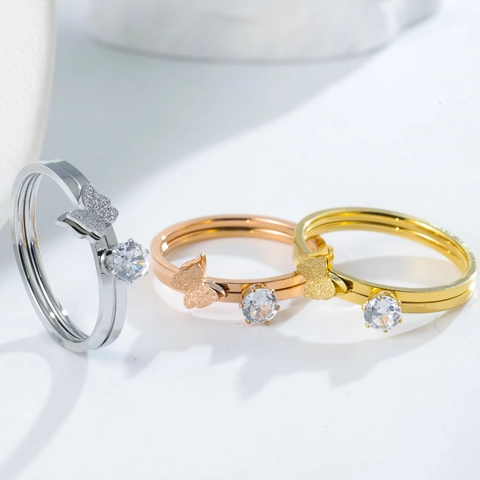 Stainless Steel Frosted Butterfly Rhinestone Double Ring For Women Fashion Commute Simple Elegant Titanium Steel Ring