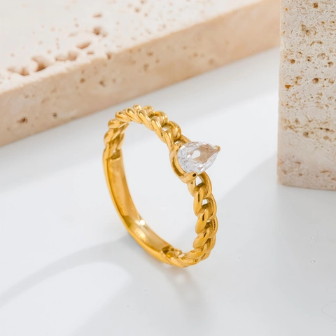 Light Luxury Stainless Steel Chain Link Ring Gold Plated Zirconia Water Drop Marquise Square Inlaid Fashion Ring For Women