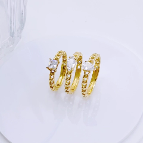 Light Luxury Stainless Steel Chain Link Ring Gold Plated Zirconia Water Drop Marquise Square Inlaid Fashion Ring For Women