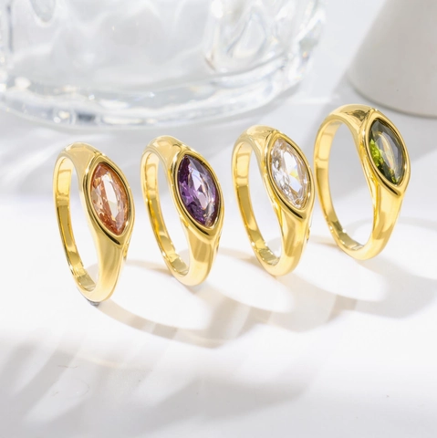 Elegant Stainless Steel Ring With Marquise Cut Zirconia Gold Plated Vintage Korean Style Finger Ring Jewelry For Women