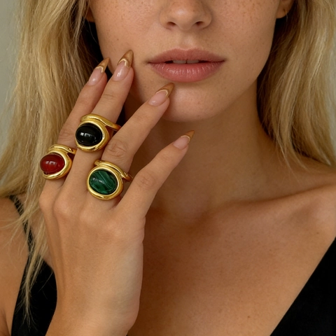Vintage Stainless Steel Ring For Women Large Oval Malachite Agate Gemstone Wide Band Artistic Retro Jewelry Finger Ring
