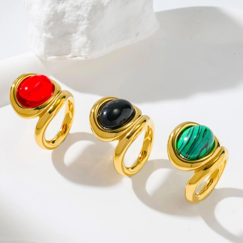 Vintage Stainless Steel Ring For Women Large Oval Malachite Agate Gemstone Wide Band Artistic Retro Jewelry Finger Ring
