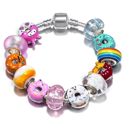 Colorful DIY Donut Heart Charm Bracelet For Women Kids Enameled Alloy Snake Chain Beads Jewelry Gift