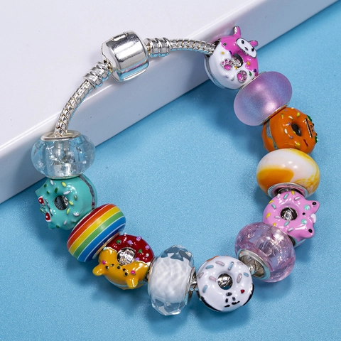 Colorful DIY Donut Heart Charm Bracelet For Women Kids Enameled Alloy Snake Chain Beads Jewelry Gift