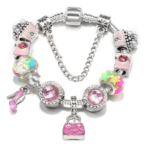 Silver Alloy Pink Enamel Handbag High Heel Heart Charm Bracelet DIY Fashion Jewelry Gift For Women Snake Chain Bracelet