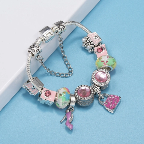 Silver Alloy Pink Enamel Handbag High Heel Heart Charm Bracelet DIY Fashion Jewelry Gift For Women Snake Chain Bracelet