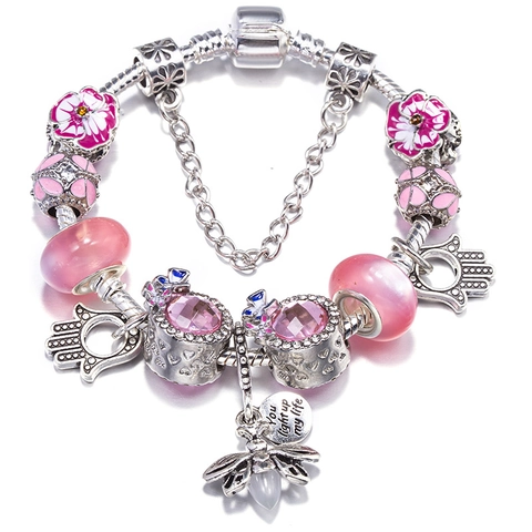 Luxus Legierung Rosa Blume Charm Armband Mit Hamsa Hand Biene Anhänger Strass Perlen DIY Schmuck Geschenk Für Damen