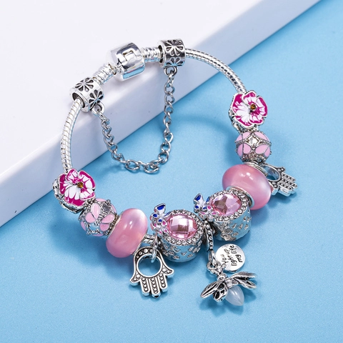 Luxus Legierung Rosa Blume Charm Armband Mit Hamsa Hand Biene Anhänger Strass Perlen DIY Schmuck Geschenk Für Damen