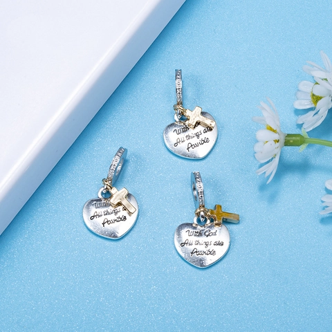 Inspirational Heart Cross Charm Zinc Alloy Silver Gold Two-Tone Pendant With God All Things Are Possible DIY Bead Jewelry Making