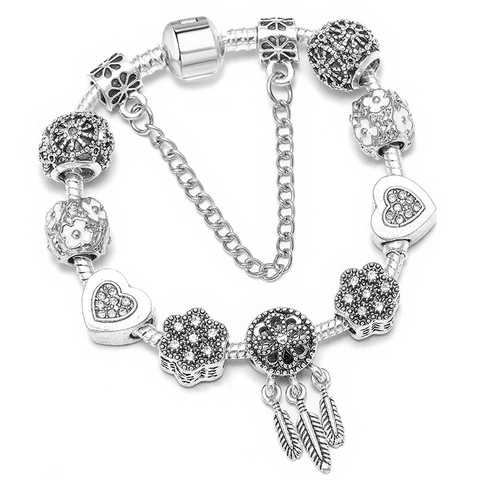 Bracciale con Charm Acchiappasogni Cuore in Lega Placcato Argento Fai da Te per Donna Perline a Fiore Stile Bohémien Gioielli