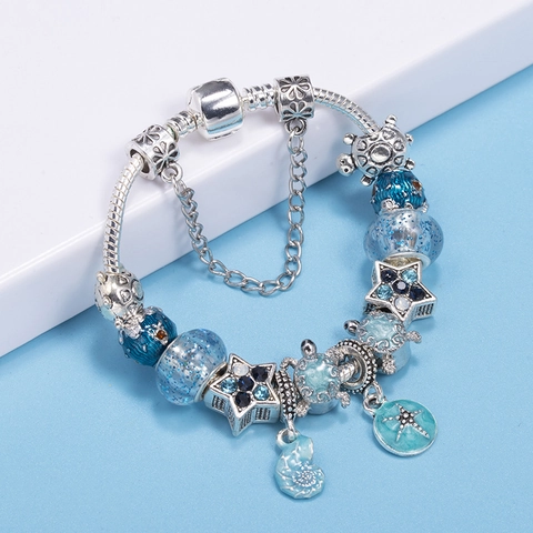 Blue Ocean Charm Bracelet Women Alloy Enamel Turtle Starfish Shell Rhinestone Star DIY Snake Chain Bracelet Jewelry Gift