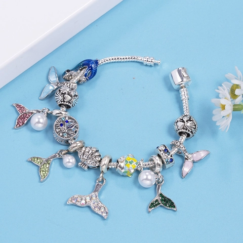 Ocean Theme DIY Charm Bracelet For Women Alloy Silver Plated Fishtail Dolphin Shell Beads Rhinestone Artificial Pearl Jewelry