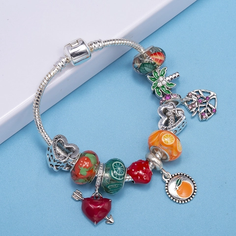 Alloy Silver Snake Chain Charm Bracelet Women Fruit Strawberry Heart Enamel Beads Rhinestone Palm Tree Jewelry Gift