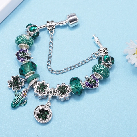 DIY Charm Bracelet For Women Silver Plated Alloy Green Crystal Beads Cactus Clover Leaf Heart Pendant Fashion Jewelry Gift