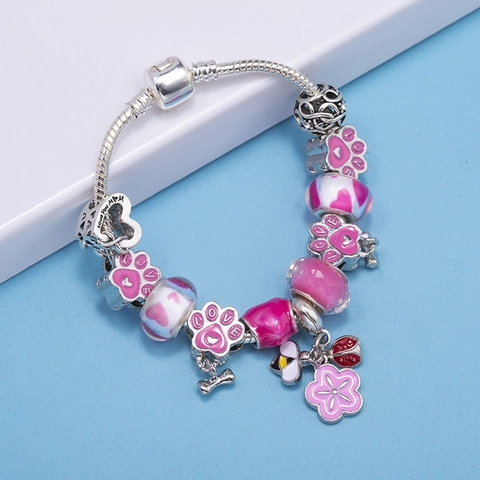 Dames Roze Emaille Hart Poot Charm Armband Legering Zilverkleur Slangenketting DIY Sieraden Valentijn Moederdag Cadeau