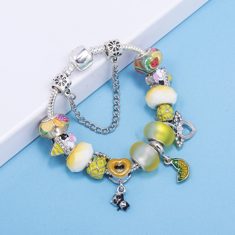 Summer Fruit Panda Charm Bracelet Alloy Silver Plated Enamel Lemon Pineapple Bead Bracelet For Women Girls Birthday Party Jewelry