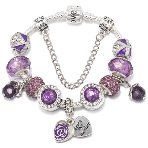 Fashion Alloy Crystal Beaded Charm Bracelet For Women Heart Tree Of Life Pendant Snake Chain Bracelet Mother's Day Jewelry
