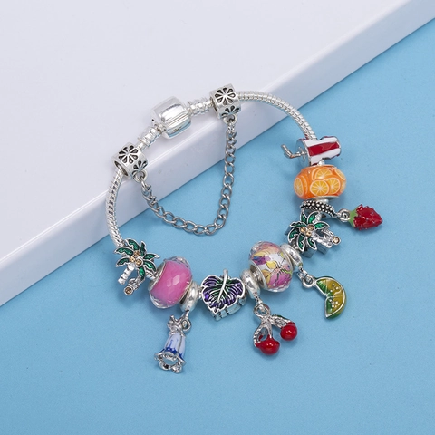 DIY Charm Bracelet For Girls Children Birthday Gift Silver Color Alloy Snake Chain With Colorful Fruit Enamel Beads Strawberry Cherry Heart Tropical Leaf Charms Jewelry