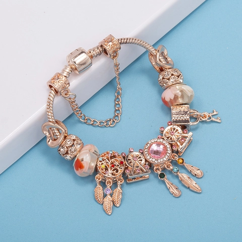 Freizeitpark Stil DIY Charm Armband Für Damen Roségold Legierung Schlangenkette Mit Riesenrad Herz Baum Des Lebens Strass Anhänger Armband