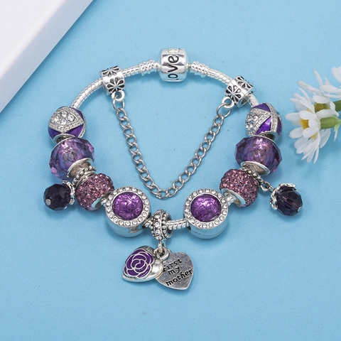 European Silver Plated Alloy Beaded Bracelet With Crystal Rhinestone Heart Rose Charms DIY Fashion Jewelry For Women Gift