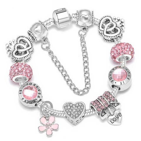 Romantic Heart Flower DIY Charm Bracelet Women Silver Tone Alloy Rhinestone Enamel Pendant Snake Chain Jewelry Gift