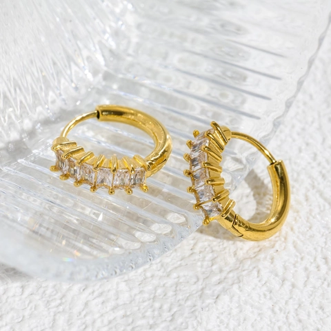 Minimalist Stainless Steel Baguette Rhinestone Hoop Earrings For Women Gold Plated Geometric Fashion Jewelry Gift