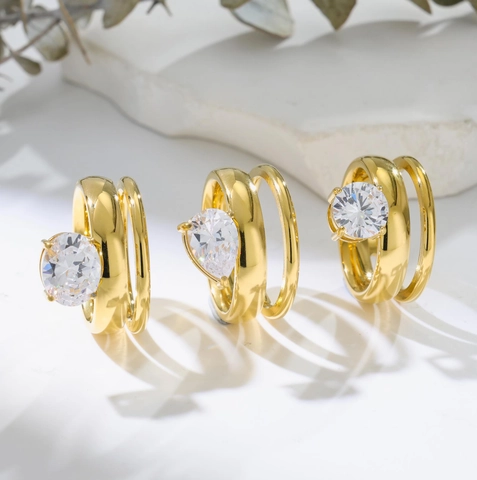 Luxury Gold Plated Stainless Steel Bypass Ring Large Cubic Zirconia Fashion Jewelry Women Wedding Engagement Finger Ring