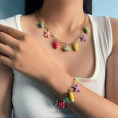 Ocean Theme Stainless Steel Jewelry Set Multicolor Enamel Fish Starfish Pendant Necklace Bracelet For Women Beach Jewelry