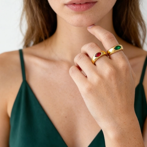 Bague Large en Acier Inoxydable Plaqué Or 18K avec Strass Coloré Taille Marquise Minimaliste Fini Miroir