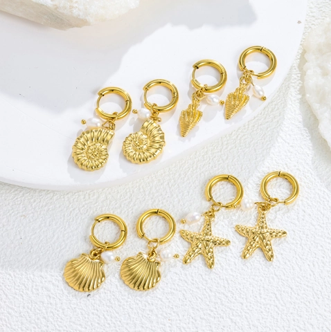 Orecchini a Cerchio in Acciaio Inossidabile Tema Oceano Con Perla Artificial Pendenti Nautici Conchiglia Stella Marina per Donna Gioielli Vacanza