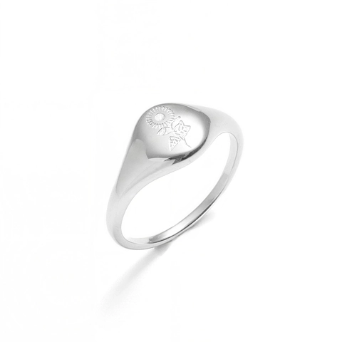 Women's Vintage Stainless Steel Signet Ring Gold Silver Plated Floral Sunflower Wheat Ear Pattern Engraved Niche Finger Ring