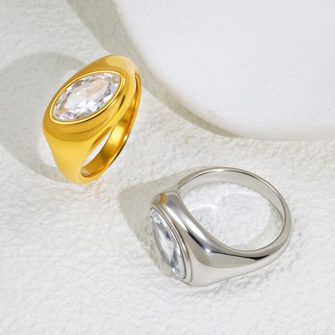 Minimalist Stainless Steel Wide Band Ring For Men Women Vintage Gold Silver Plated Marquise Zirconia Bezel Signet Ring
