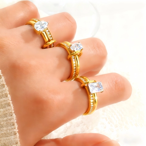 Stainless Steel Double Ring For Women Men Inlaid Square Oval Pear Rhinestone Light Luxury Fashion Daily Finger Ring Jewelry