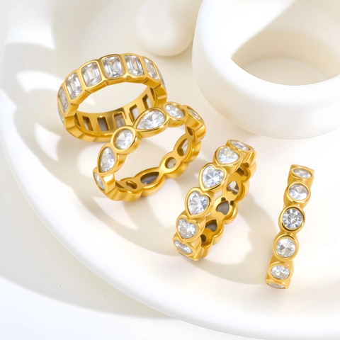 Stainless Steel Rhinestone Eternity Ring For Women Luxury Heart Waterdrop Round Square Cut Inlaid Finger Ring Fashion Jewelry