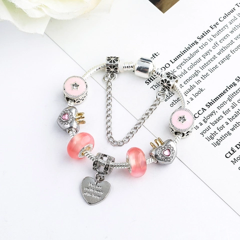 Pink Crystal Heart Crown Charm Bracelet With Inspirational Quote Alloy Silver Plated Snake Chain Jewelry For Women